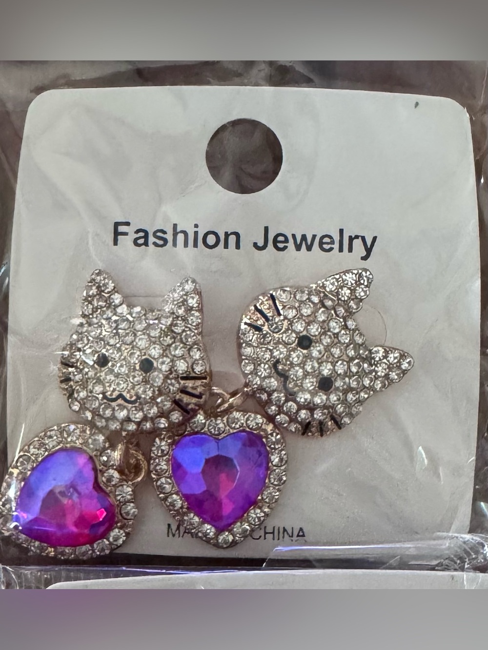 Fashion Jewelry Silver Crystal Cat Earrings with Iridescent Heart Drops - Picture 3 of 3